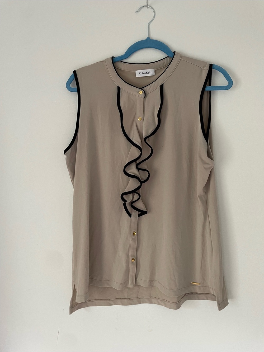 Calvin Klein Beige Sleeveless Ruffle-Front Blouse with Black Trim
